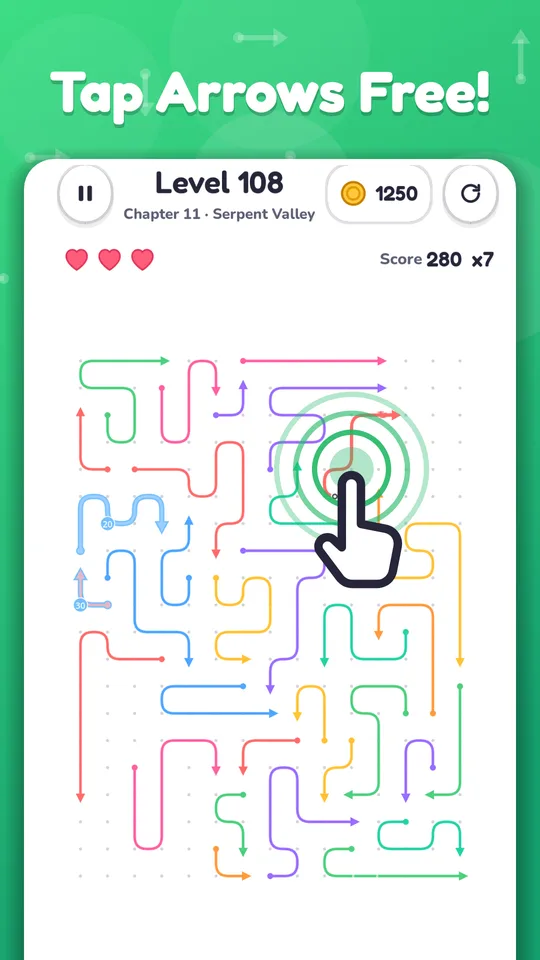 Arrow Escape gameplay: a finger taps a curvy arrow and it slides off the board