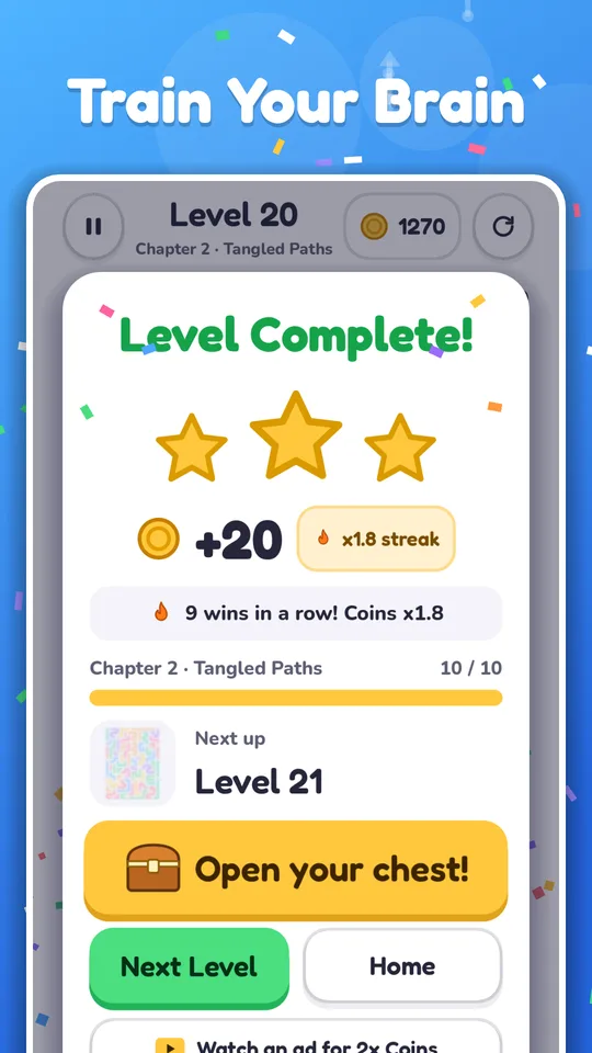 Level complete screen with three stars, coins and a win streak bonus